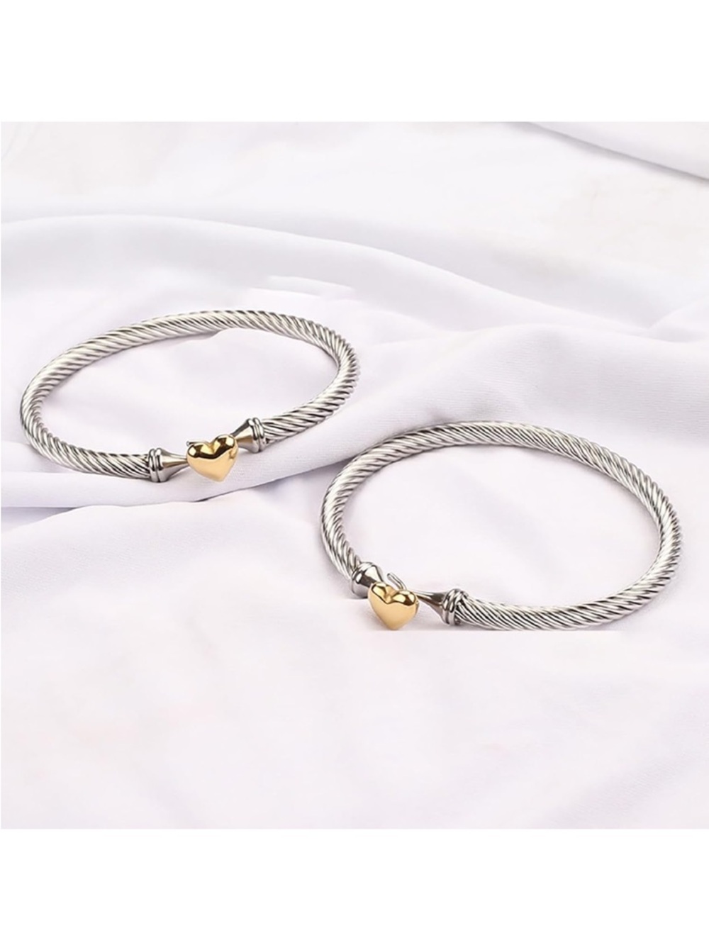 Silver Twist Cable Bangle Bracelet with Gold Heart Accent - Silver/Gold
